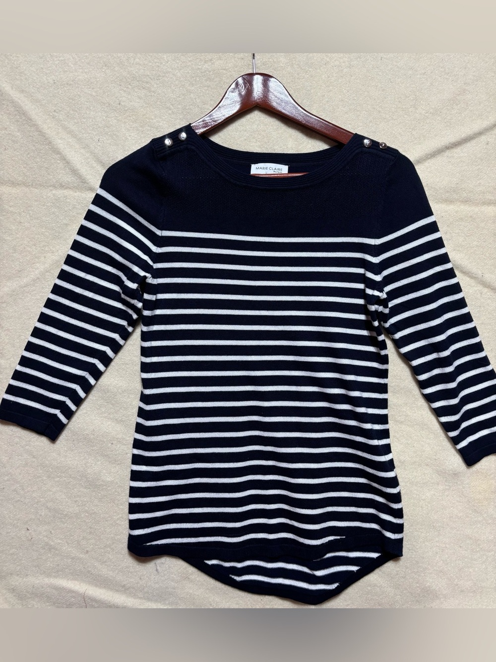 Marie Claire Boutiques Navy White Striped Sweater XS Nautical 3/4 Sleeve Top